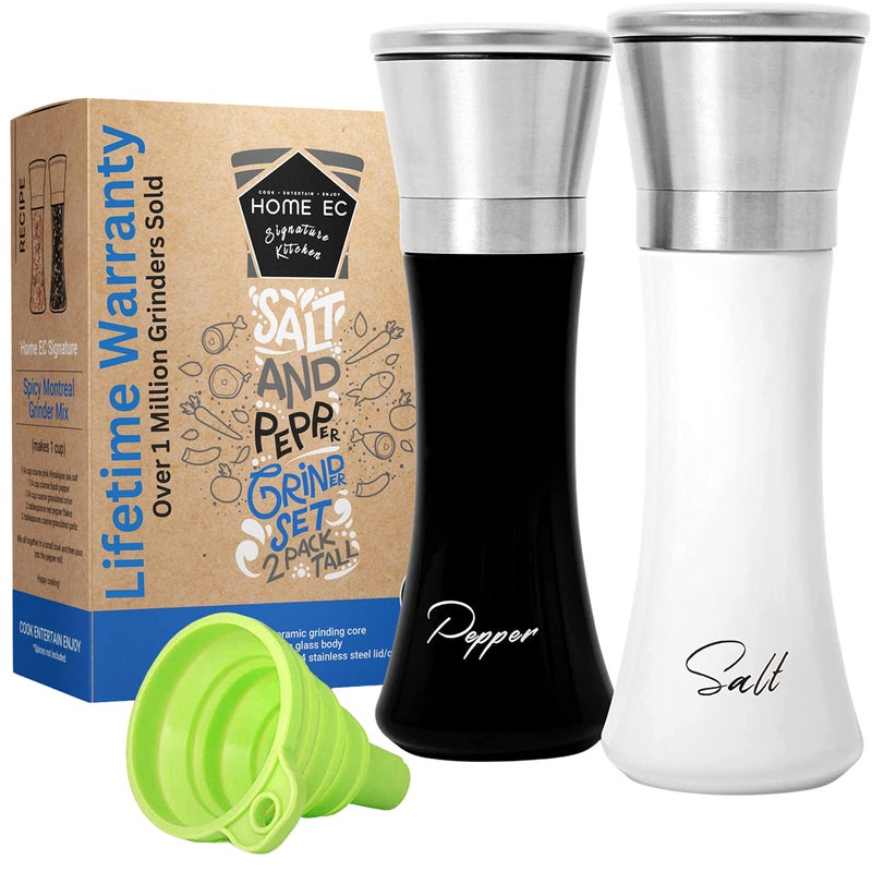 HOME EC Stainless Steel Salt and Pepper Grinder Set of 2 - Adjustable Ceramic Sea Salt Grinder & Pepper Grinder - Glass Salt and Pepper Shakers - Pepper Mill & Salt Mill W/Funnel - Black and White - Image 1